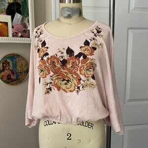 FOREVER 21 Pink ROSES Flora Y2K Cropped Smocked waist Batwing Shirt *SMALL*